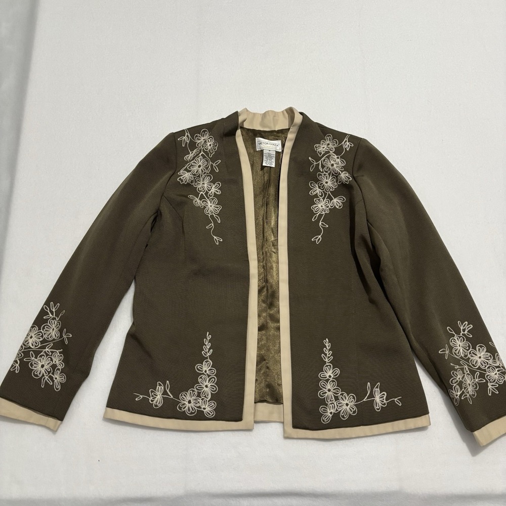 Víctor Costa Blazer Woman's M Green & Beige Embroidered Long Sleeve Jacket